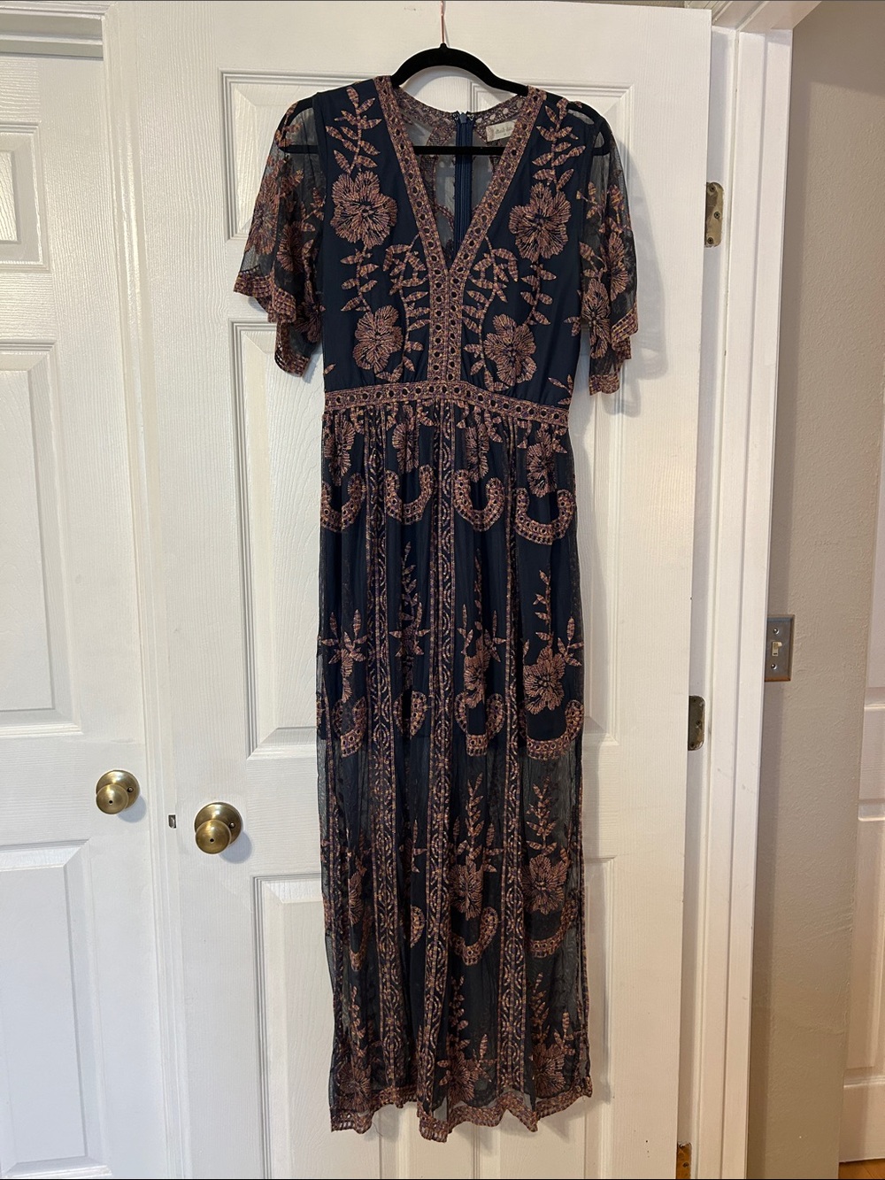 Altar'd State Navy Maxi Dress with Rose-Gold Floral Embroidery